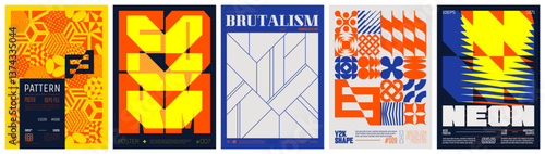 Set modernism art colorful trendy posters, artwork in minimalism and brutalism style, abstract geometric A4 rave postmodern composition, vector simple shapes print graphic in Y2K aesthetics, set 25