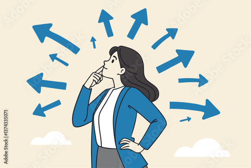 Tough decisions, choosing career path, make choices or think about final result, business directions challenge, confusion or decide options concept, businesswoman thinking and make business decisions.