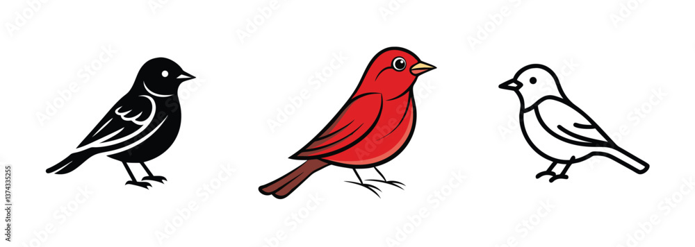 Fototapeta premium Three Bird Illustrations Black, Red, White Avian Designs