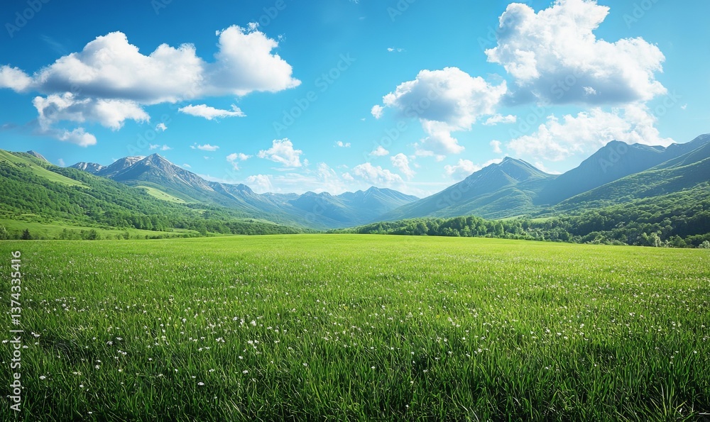 Fototapeta premium Expansive green meadow with mountains in the distance under a bright blue sky with fluffy clouds