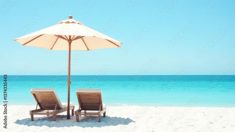 Fototapeta premium two sun loungers with a beach umbrella on the background of snow-white sand and blue sea. vacation, travel. beach holidays, tourism