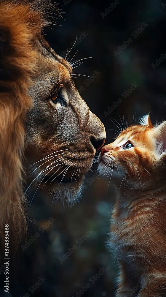 Fototapeta premium A Majestic Lion Reflects on a Kitten in the Mirror