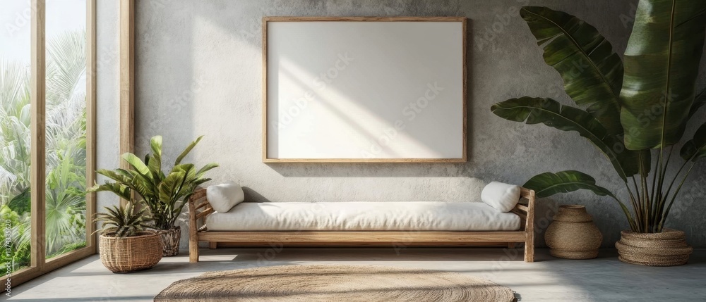 Serene interior featuring a blank frame above a daybed with tropical plants against a textured wall bathed in soft light creating a peaceful and inviting atmosphere Serene interior featuring a blank frame above a daybed with tropical plants against a textured wall bathed in soft light creating a peaceful and inviting atmosphere