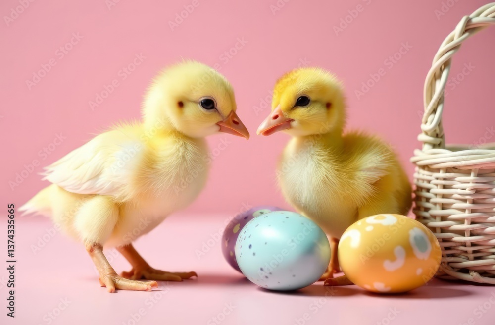two yellow chickens with a wicker basket and colorful Easter eggs on a pink background. Easter two yellow chickens with a wicker basket and colorful Easter eggs on a pink background. Easter
