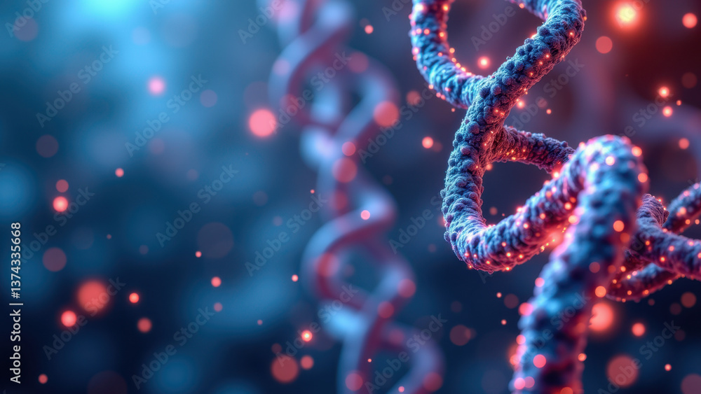 Stunning molecular graphics visualization of DNA with glowing blue and red hues. Stunning molecular graphics visualization of DNA with glowing blue and red hues.