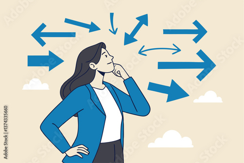 Tough decisions, choosing career path, make choices or think about final result, business directions challenge, confusion or decide options concept, businesswoman thinking and make business decisions.