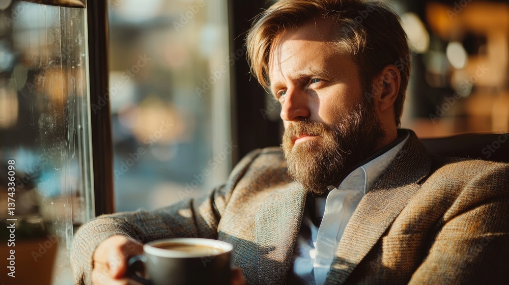 40-year-old man with a beard in an elegant suit drinking coffee 40-year-old man with a beard in an elegant suit drinking coffee