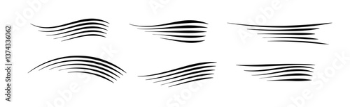 Flowing wind motion line. Air logo wave. Air movement and gust symbol pack. Vector