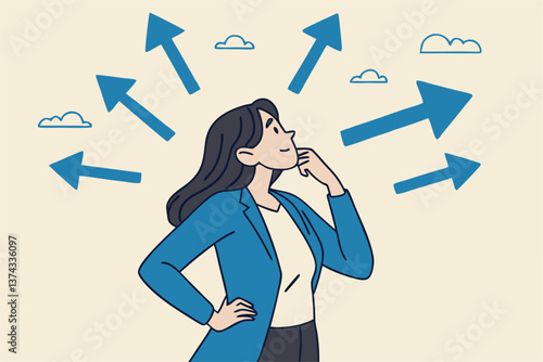 Tough decisions, choosing career path, make choices or think about final result, business directions challenge, confusion or decide options concept, businesswoman thinking and make business decisions.