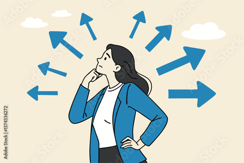 Tough decisions, choosing career path, make choices or think about final result, business directions challenge, confusion or decide options concept, businesswoman thinking and make business decisions.