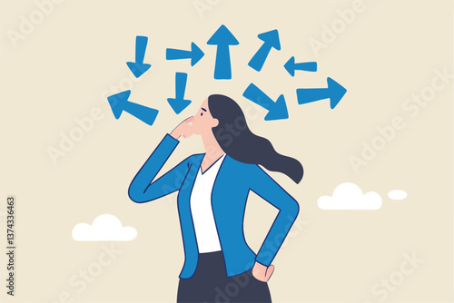 Tough decisions, choosing career path, make choices or think about final result, business directions challenge, confusion or decide options concept, businesswoman thinking and make business decisions.