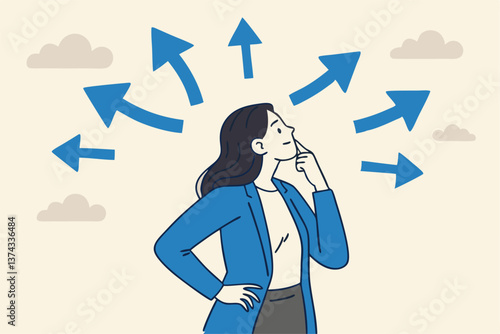Tough decisions, choosing career path, make choices or think about final result, business directions challenge, confusion or decide options concept, businesswoman thinking and make business decisions.
