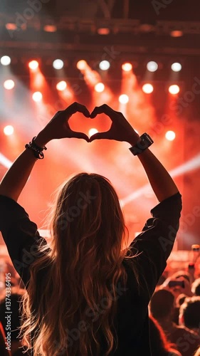 Crowd of concertgoers enjoying a music festival while one person creates a heart shape with hands