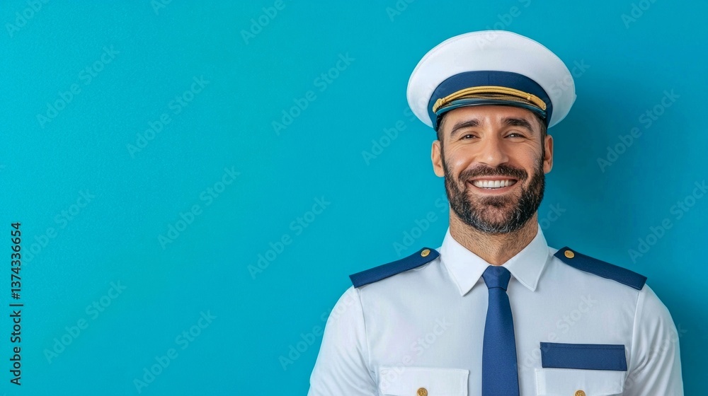 Smiling male airline pilot in uniform against blue background showcasing professionalism and approachability Smiling male airline pilot in uniform against blue background showcasing professionalism and approachability