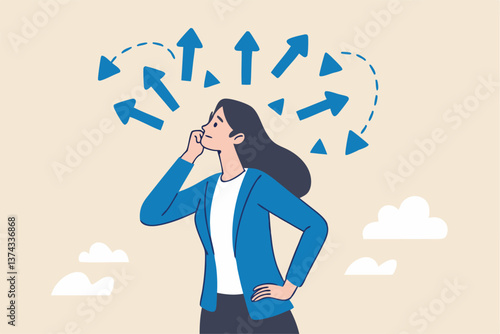 Tough decisions, choosing career path, make choices or think about final result, business directions challenge, confusion or decide options concept, businesswoman thinking and make business decisions.