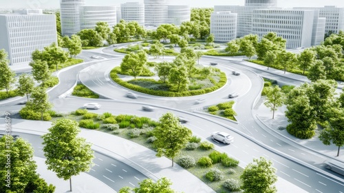 Green urban highway roundabout, modern city, sustainable transportation