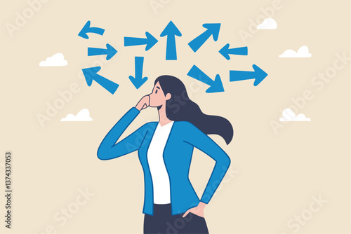 Tough decisions, choosing career path, make choices or think about final result, business directions challenge, confusion or decide options concept, businesswoman thinking and make business decisions.