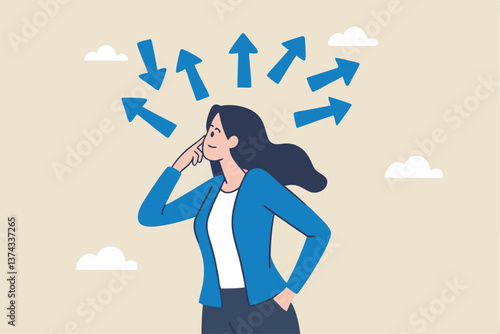 Tough decisions, choosing career path, make choices or think about final result, business directions challenge, confusion or decide options concept, businesswoman thinking and make business decisions.
