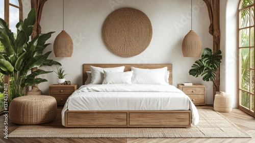 Bright and airy bedroom features natural wood and woven decor