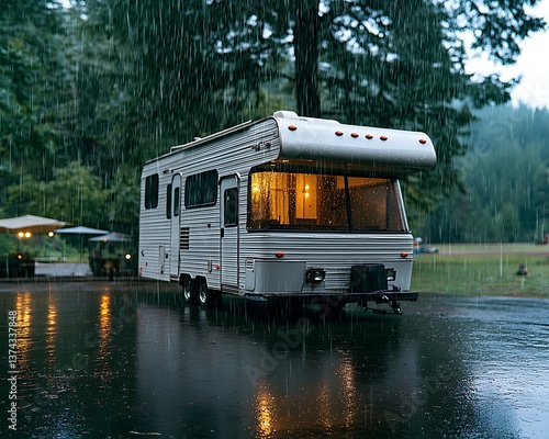 RV Rain with Campground, and Night Lights.