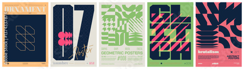 Set modernism art colorful trendy posters, artwork in minimalism and brutalism style, abstract geometric A4 rave postmodern composition, vector simple shapes print graphic in Y2K aesthetics, set 26