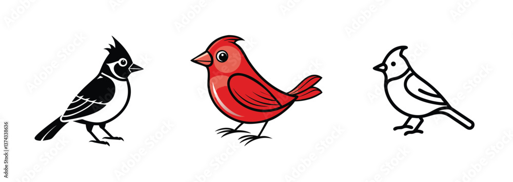Three Bird Illustrations Black, Red, and Outline Designs Three Bird Illustrations Black, Red, and Outline Designs