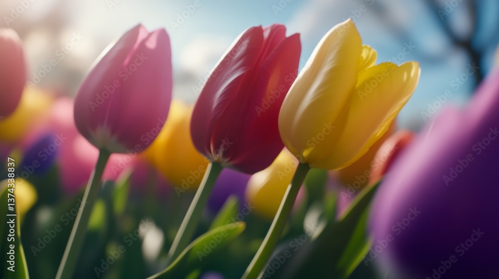 Vibrant tulips bloom in a lush garden under a sunny sky during springtime in an urban park Vibrant tulips bloom in a lush garden under a sunny sky during springtime in an urban park