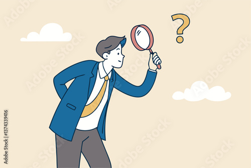 Problem analysis, analyze information to find solution or answer, solving problem or trouble, challenge to think overcome difficulty concept, businessman analyze question mark with magnifying glass.