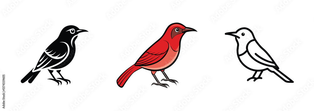 Three Bird Illustrations Black, Red, and White Line Art Three Bird Illustrations Black, Red, and White Line Art