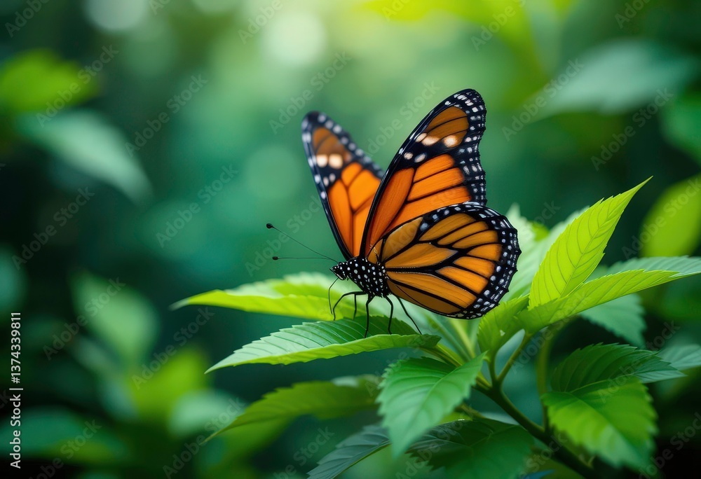 Fototapeta premium Monarch s Dance Close Up Photography of a Monarch on Vibrant Greenery Capturing Nature s Beauty with Shallow Depth of Field