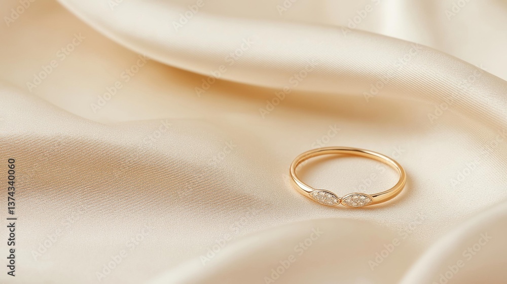 Close-up of a gold ring resting on a beige fabric. the ring has a thin band and a small diamond in the center. the diamond appears to be set in a prong setting. Close-up of a gold ring resting on a beige fabric. the ring has a thin band and a small diamond in the center. the diamond appears to be set in a prong setting.