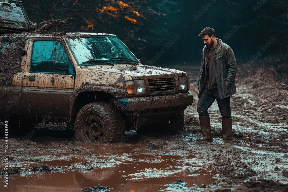 A driver stepping out of a mud-covered SUV, inspecting the damage