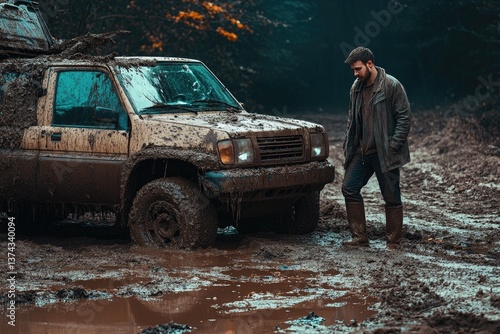 Obraz na płótnie A driver stepping out of a mud-covered SUV, inspecting the damage w salonie