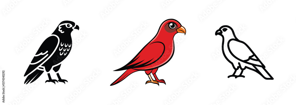 Fototapeta premium Bird Illustrations Black, Red, White Avian Designs, Silhouettes, Art