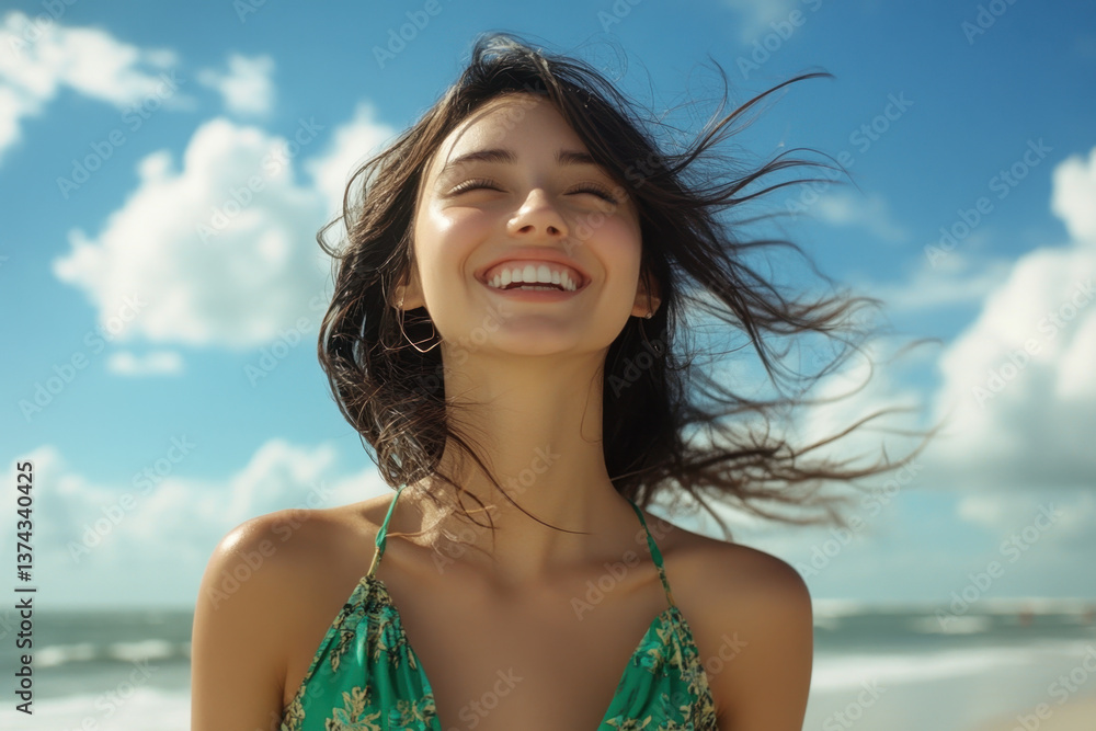 Woman with long hair smiling on the beach, golden sunlight highlighting her joy against the backdrop of crashing waves and a clear blue sky. Woman with long hair smiling on the beach, golden sunlight highlighting her joy against the backdrop of crashing waves and a clear blue sky.