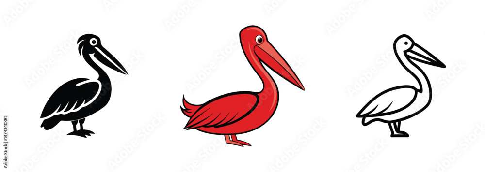 Obraz premium Pelican Bird Illustrations Black, Red, White Line Art Designs