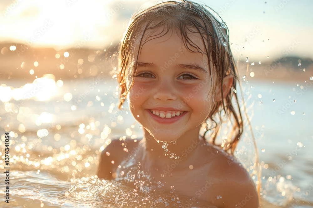 Fototapeta premium Little girl plays joyfully in the water, with a big smile on her face.