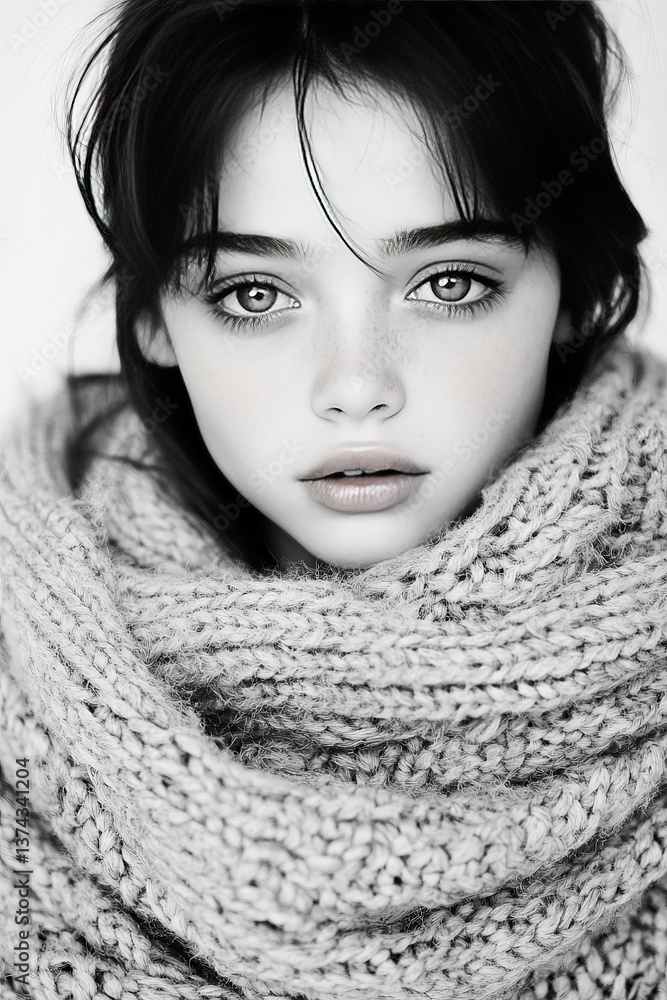 Black and white portrait of young girl with wide eyes and scarf wrapped around her neck captured in soft light for emotional storytelling and conceptual childhood theme image Black and white portrait of young girl with wide eyes and scarf wrapped around her neck captured in soft light for emotional storytelling and conceptual childhood theme image