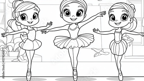 Three Young Ballerinas Dancing in Ballet Studio Coloring Page for Girls