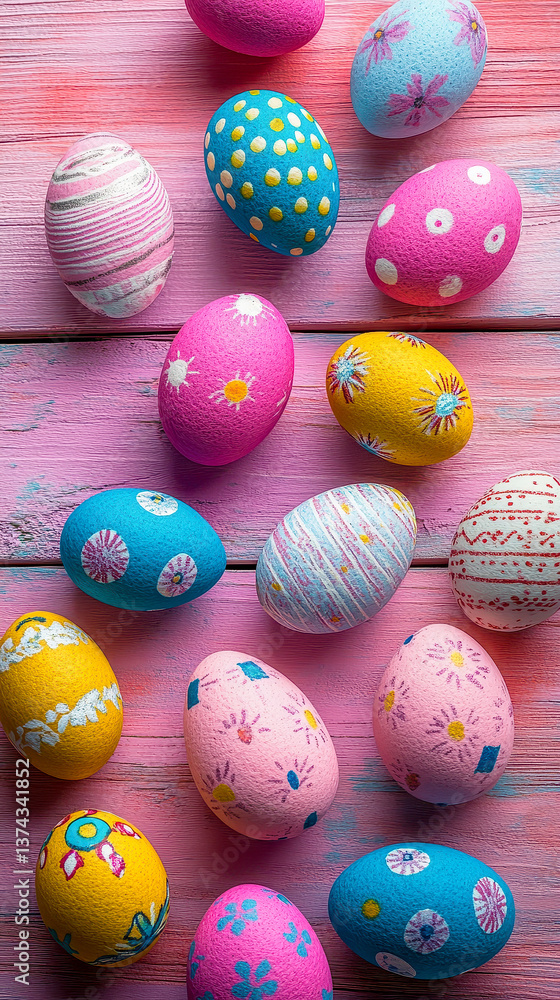 Obraz premium Colorful decorated Easter eggs in a vibrant display for spring celebrations