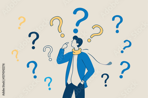 Ask questions, FAQ, problem or curiosity, doubt and confusion to be answer, challenge and uncertainty, unknown information or solution concept, contemplation businessman thinking with question marks.