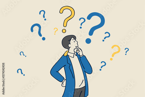 Ask questions, FAQ, problem or curiosity, doubt and confusion to be answer, challenge and uncertainty, unknown information or solution concept, contemplation businessman thinking with question marks.