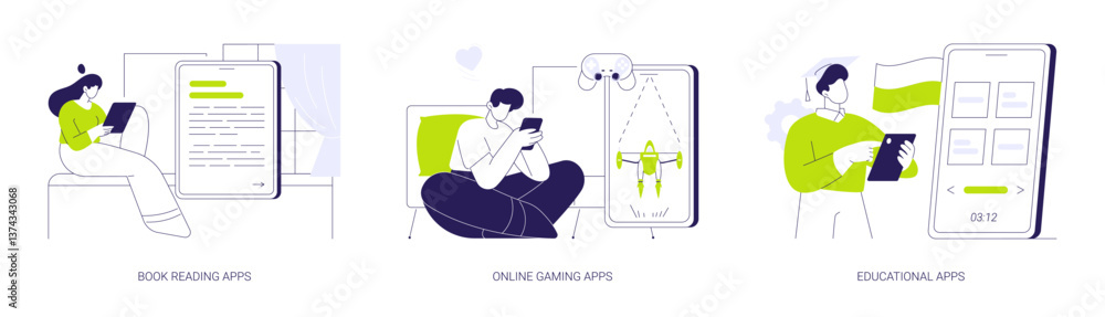 Fototapeta premium Education and entertainment apps abstract concept vector illustrations.