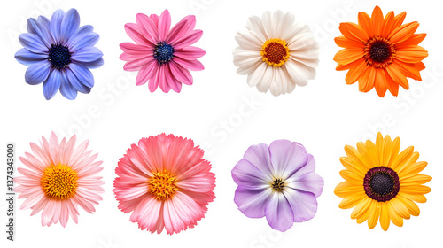 A row of flowers with different colors and sizes