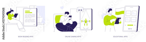Education and entertainment apps abstract concept vector illustrations.