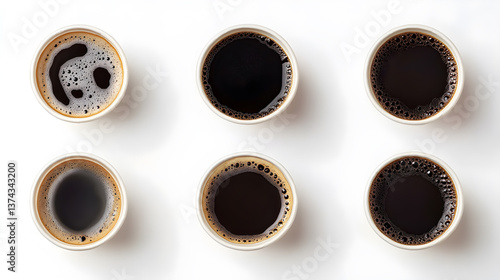Six cups of coffee, each with a different level of darkness