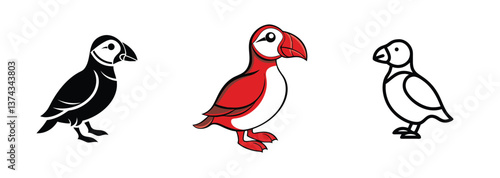 Puffin Bird Illustrations Black, Red, Outline Designs