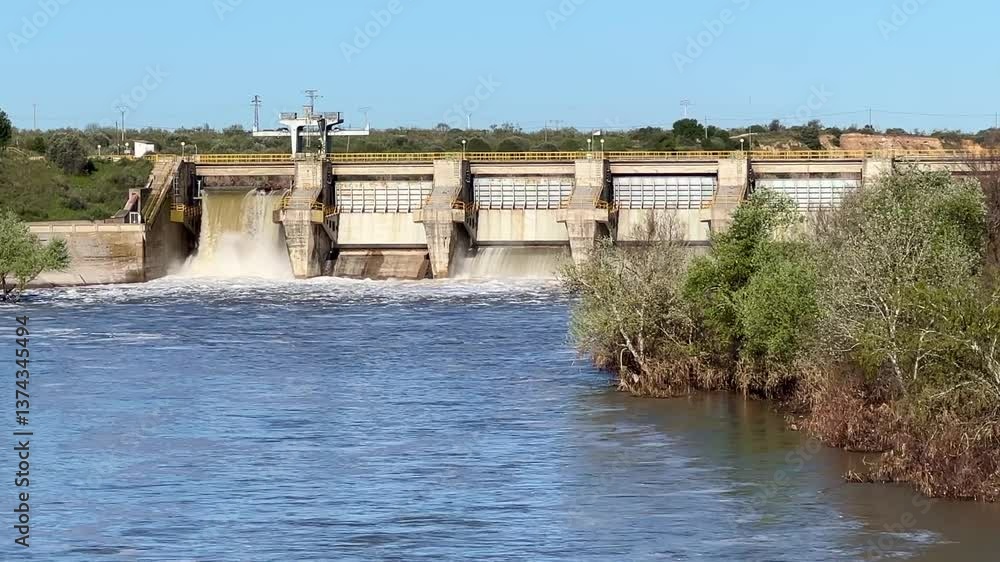 La presa del embalse pantano de Castrejon vaciando agua al rio tajo La presa del embalse pantano de Castrejon vaciando agua al rio tajo