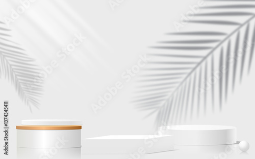Abstract subtle background. Gray and white leaf platform gray background vector 3d render with podium stand to display cosmetic products 3d stage display white background display