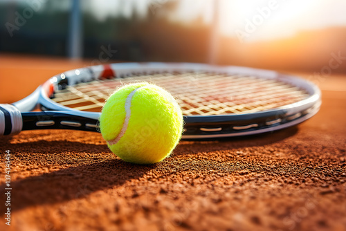 A tennis ball sits on the ground next to a tennis racket